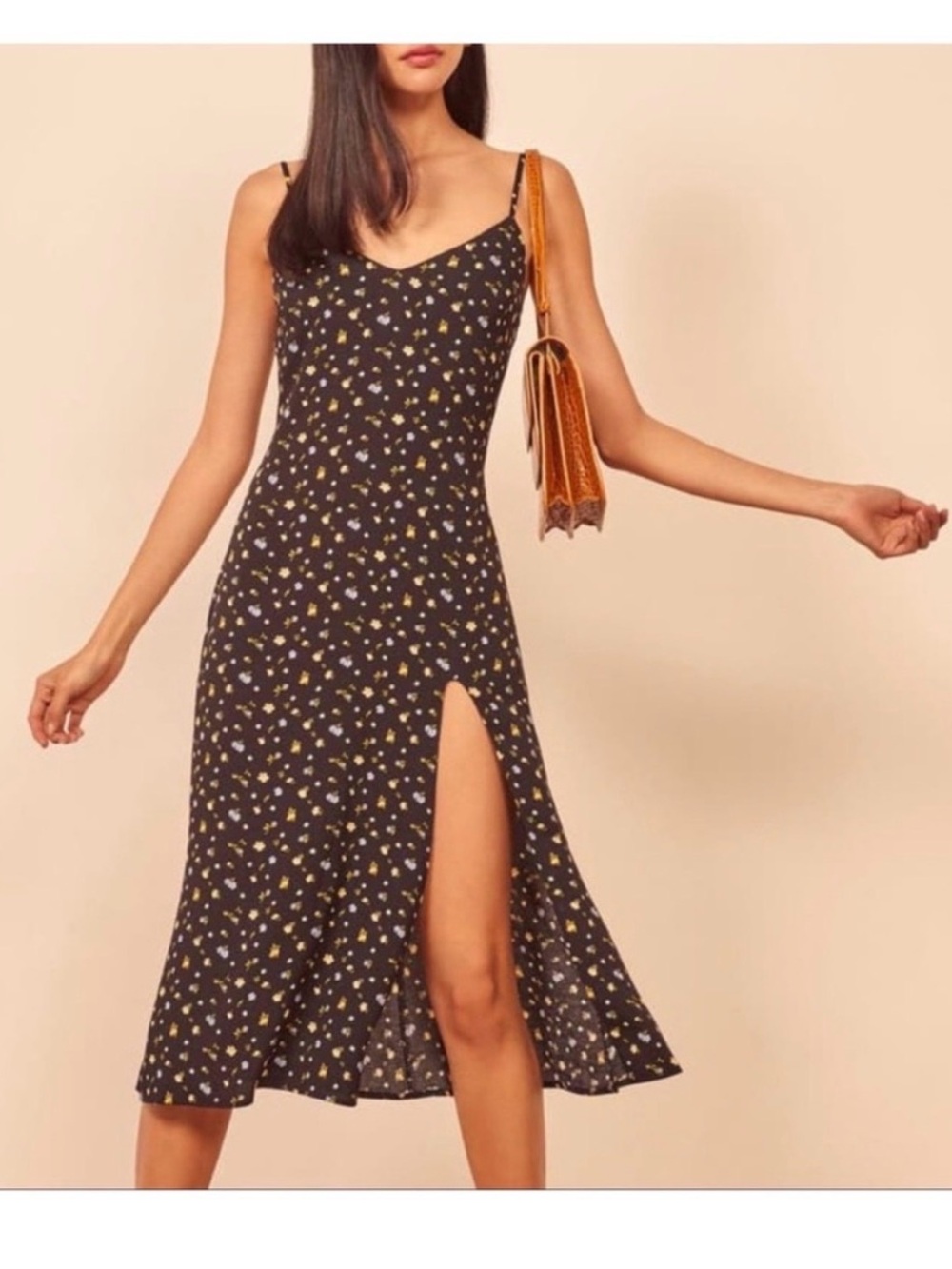 Reformation Black Floral Crimini Dress in Posie with Side Slit - Picture 2 of 8